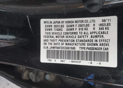 2012 Honda Civic Hybrid from USA, damaged, VIN JHMFB4F22CS001565